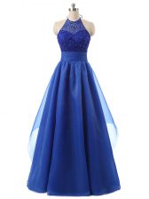  Blue A-line Beading and Ruffles Evening Dress Zipper Organza Sleeveless Floor Length
