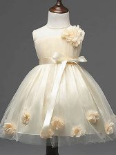 Exquisite Knee Length Zipper Child Pageant Dress Champagne for Wedding Party with Hand Made Flower