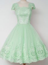 Designer Apple Green Tulle Zipper Quinceanera Court of Honor Dress Cap Sleeves Knee Length Lace