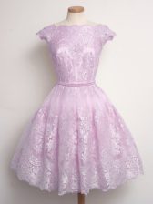 Super Lilac Lace Up Vestidos de Damas Lace Cap Sleeves Knee Length