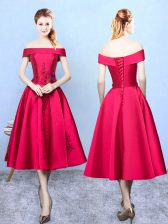 Comfortable Tea Length Wine Red Dama Dress for Quinceanera Taffeta Cap Sleeves Appliques