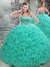 Custom Made Beading 15th Birthday Dress Turquoise Lace Up Sleeveless Brush Train