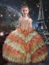  Orange Red Sleeveless Beading and Ruffled Layers Floor Length Little Girls Pageant Dress Wholesale