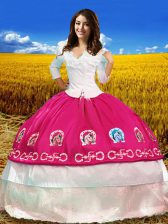  Floor Length Hot Pink Sweet 16 Quinceanera Dress Off The Shoulder 3 4 Length Sleeve Lace Up