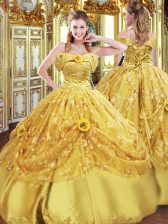 Glorious Gold Tulle Lace Up Sweet 16 Quinceanera Dress Sleeveless Floor Length Beading and Appliques and Hand Made Flower