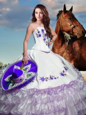 Low Price White Ball Gowns Taffeta Strapless Sleeveless Embroidery and Ruffled Layers Floor Length Lace Up Quinceanera Gown