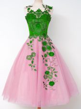  Rose Pink Vestidos de Damas Prom and Party and Wedding Party with Appliques Straps Long Sleeves Lace Up