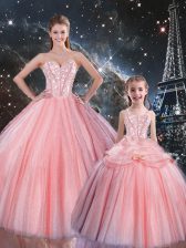Custom Design Ball Gowns Sweet 16 Dresses Pink Sweetheart Tulle Sleeveless Floor Length Lace Up