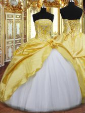  Floor Length Ball Gowns Sleeveless Gold Quinceanera Gown Lace Up