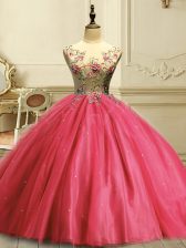 Admirable Coral Red Scoop Neckline Appliques and Sequins Ball Gown Prom Dress Sleeveless Lace Up