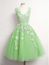  Yellow Green A-line Tulle V-neck Sleeveless Appliques Knee Length Lace Up Dama Dress