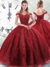 Wine Red Ball Gowns Tulle Off The Shoulder Sleeveless Beading Lace Up Ball Gown Prom Dress Brush Train