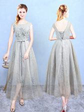 Low Price Empire Dama Dress Grey Scoop Tulle Sleeveless Ankle Length Lace Up