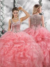 Straps Sleeveless Organza Quinceanera Dress Beading and Ruffles Zipper