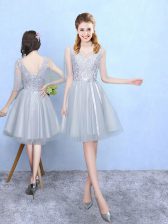  Silver Half Sleeves Lace Knee Length Vestidos de Damas