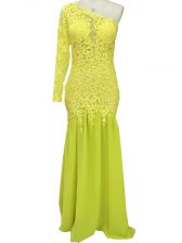 Custom Design Yellow Homecoming Dress Prom and Party and Beach with Lace and Appliques One Shoulder Long Sleeves Brush Train Side Zipper