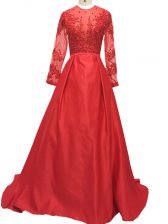  Red Evening Dress Prom and Party and Military Ball and Sweet 16 with Lace and Appliques High-neck Long Sleeves Brush Train Zipper
