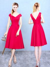  Red Zipper V-neck Ruching Dama Dress for Quinceanera Satin Cap Sleeves