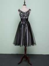  Scoop Sleeveless Prom Evening Gown Knee Length Lace and Appliques Black Tulle
