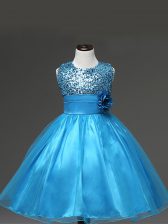  Baby Blue Kids Pageant Dress Wedding Party with Sequins and Hand Made Flower Scoop Sleeveless Zipper