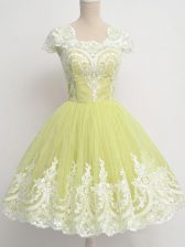 Super Yellow Green Cap Sleeves Lace Knee Length Court Dresses for Sweet 16