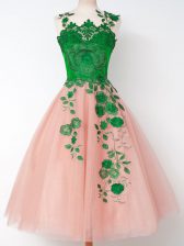 Most Popular Straps Sleeveless Dama Dress for Quinceanera Knee Length Appliques Pink Tulle