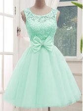 Fine Lace and Bowknot Quinceanera Dama Dress Apple Green Lace Up Sleeveless Knee Length