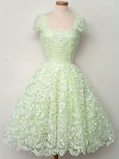 Artistic Straps Cap Sleeves Dama Dress for Quinceanera Knee Length Lace Yellow Green Lace