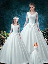 Extravagant Lace and Belt Vestidos de Quinceanera White Lace Up 3 4 Length Sleeve Chapel Train