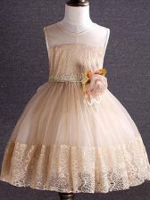 Excellent Champagne Scoop Neckline Lace and Hand Made Flower Little Girls Pageant Dress Sleeveless Zipper