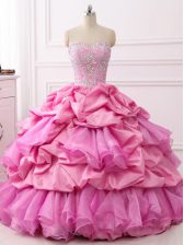 Super Sleeveless Floor Length Beading and Ruffles and Pick Ups Lace Up Vestidos de Quinceanera with Rose Pink 