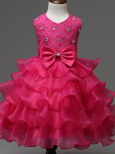 Dramatic Knee Length Hot Pink Little Girls Pageant Dress Wholesale Organza Sleeveless Lace and Ruffled Layers and Bowknot