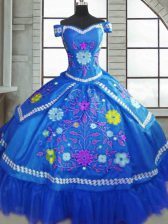 Flare Taffeta Sweetheart Short Sleeves Lace Up Beading and Embroidery 15 Quinceanera Dress in Blue