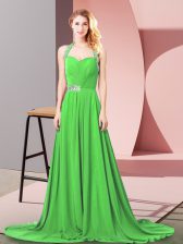  Halter Top Zipper Beading and Ruching Prom Party Dress Brush Train Sleeveless