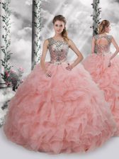  Sleeveless Organza Floor Length Lace Up Quinceanera Dresses in Baby Pink with Beading and Ruffles
