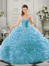  Aqua Blue Lace Up Sweet 16 Dress Beading and Ruffles Sleeveless Court Train