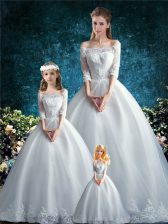 Customized White Ball Gowns Tulle Off The Shoulder Half Sleeves Lace Clasp Handle Quinceanera Dress Court Train