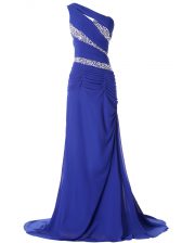  Blue One Shoulder Lace Up Beading and Ruching Evening Dress Brush Train Sleeveless