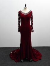 Popular Burgundy Long Sleeves Brush Train Beading Homecoming Dress