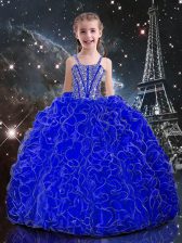  Royal Blue Ball Gowns Straps Sleeveless Organza Floor Length Lace Up Beading and Ruffles Little Girl Pageant Dress