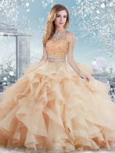 Fashionable Ball Gowns Quince Ball Gowns Peach Scoop Tulle Sleeveless Floor Length Clasp Handle
