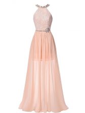  Chiffon Halter Top Sleeveless Backless Beading Homecoming Dress in Peach