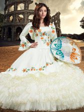  Square Long Sleeves Sweet 16 Quinceanera Dress Floor Length Embroidery and Ruffled Layers White Organza