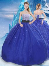 Dazzling Floor Length Lace Up Quinceanera Dresses Royal Blue for Military Ball and Sweet 16 and Quinceanera with Beading and Sequins