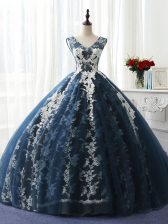 Navy Blue Ball Gowns Ruffles and Pattern Sweet 16 Quinceanera Dress Lace Up Organza and Taffeta and Chiffon and Tulle Sleeveless Floor Length