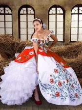  Multi-color Lace Up Off The Shoulder Embroidery and Ruffled Layers Quinceanera Gown Taffeta Sleeveless