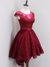 Ideal High Low Wine Red Dama Dress Lace Cap Sleeves Beading and Lace
