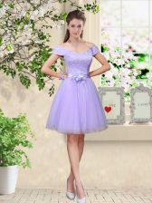Beauteous Lilac A-line Tulle V-neck Cap Sleeves Lace and Belt Knee Length Lace Up Damas Dress