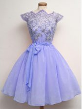 Comfortable Lavender Cap Sleeves Knee Length Lace and Belt Lace Up Dama Dress for Quinceanera