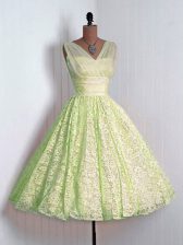 Custom Designed Yellow Green Lace Lace Up V-neck Sleeveless Mini Length Quinceanera Dama Dress Lace